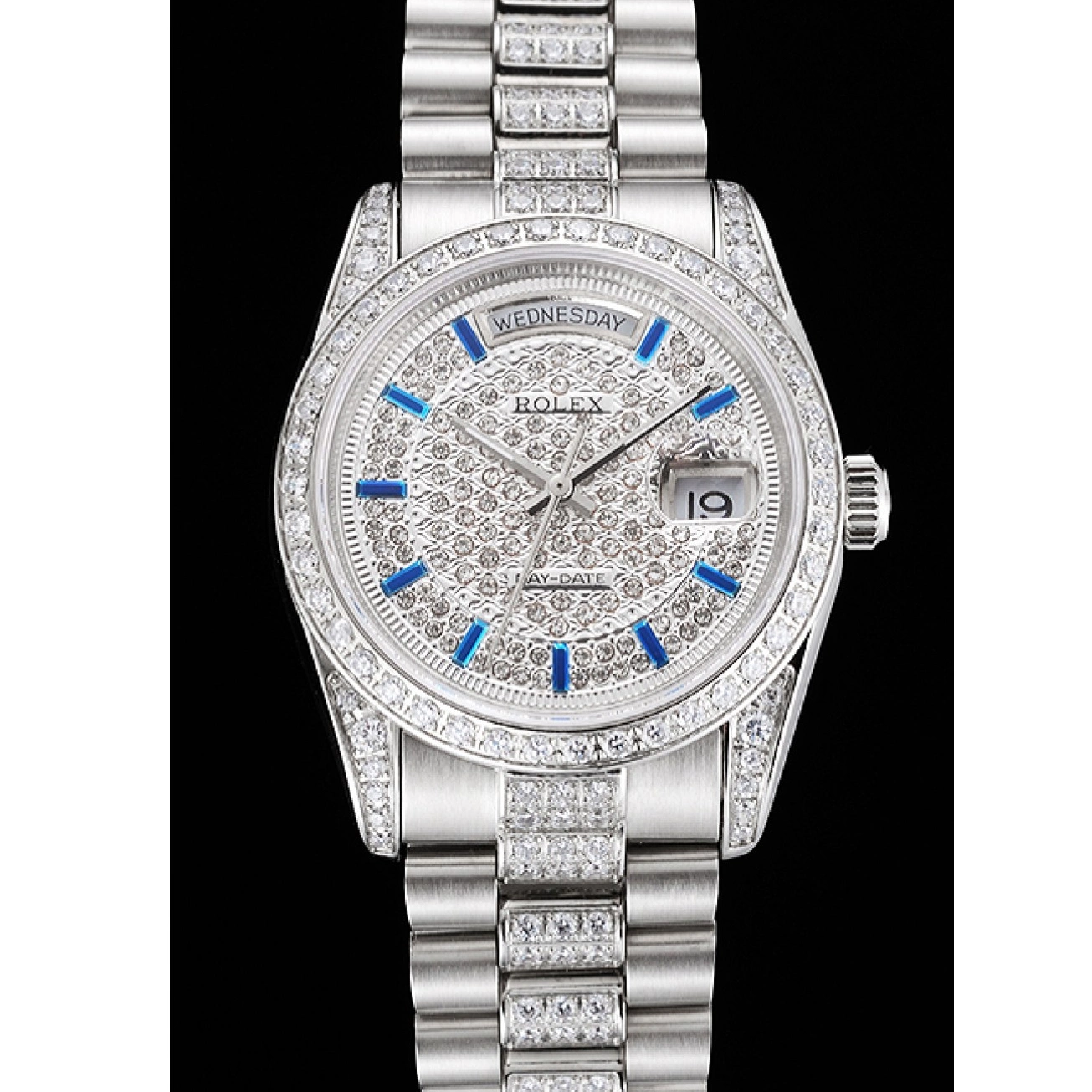 AAA replica watch Swiss Rolex Dial Stainless And Day Diamond And Steel Bezel Date Pave Bracelet 0721